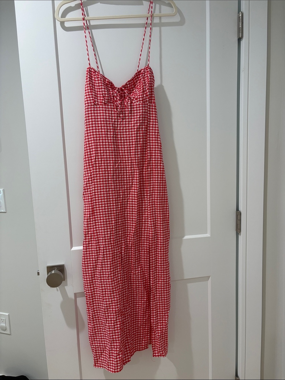 Zara Red and White Gingham Spaghetti-Strap Midi Dress